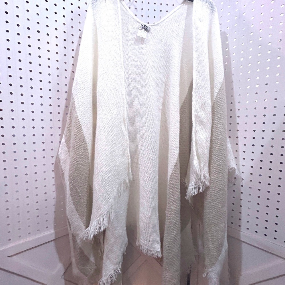 NYC Underground Cream White Striped Poncho Cape Open Front Fringe Lightweight‎